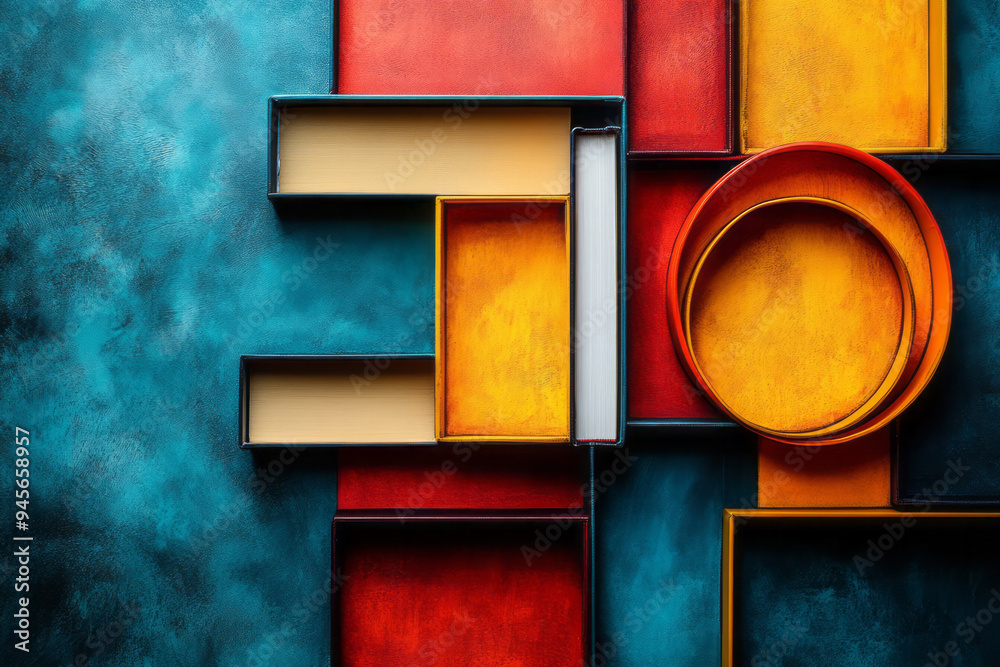 Poster abstract education with books and digital learning tools in a geometric layout,