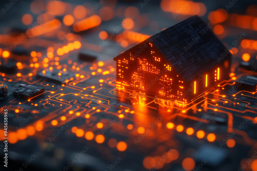 Poster abstract smart home technology with interconnected devices and sleek lines,