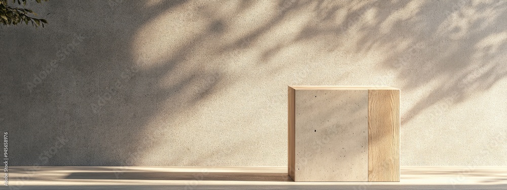 Aufkleber product display stand featuring a square box design with wood and concrete textures rendered in 3d