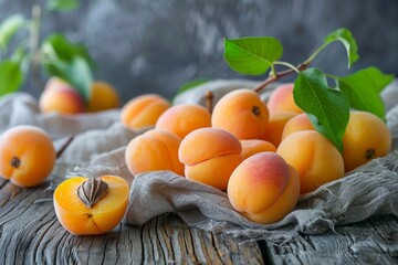 Close-up of a vibrant arrangement of fresh, ripe apricots scattered on a natural wooden surface, highlighting their rich orange color and delicate texture.






