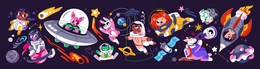 Cute animals fly in outer space banner. Kids spacemen are in cosmos. Funny astronauts in rockets in outerspace adventures. Characters in spacesuits spacewalk between planets. Flat vector illustration © Paper Trident