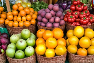 The image features a stunning assortment of fresh fruits such as oranges, apples, and plums, organized beautifully in baskets at a vibrant outdoor market setting.