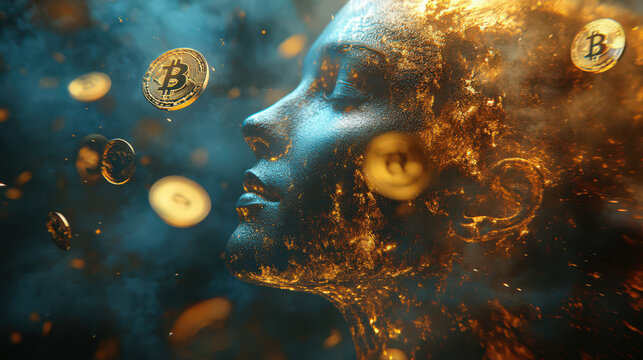 Digital artwork of a human face immersed in luminous particles with floating Bitcoin coins, evoking the fusion of technology and creativity.