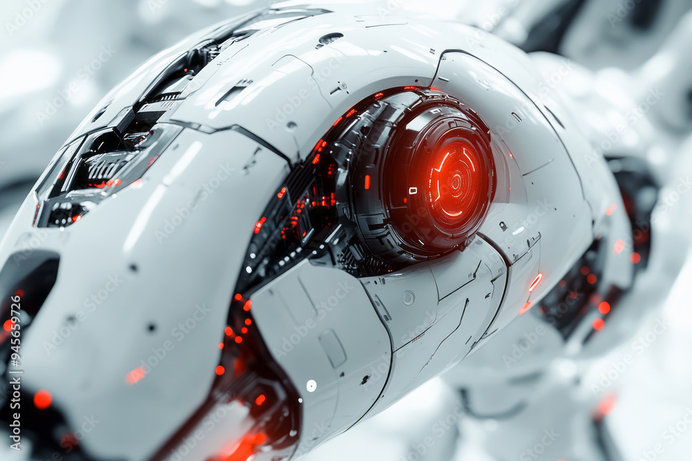 Poster abstract robotics with sleek, geometric robots and futuristic lines,