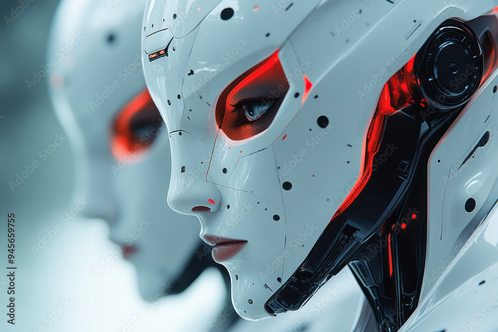 Poster abstract robotics with sleek, geometric robots and futuristic lines,