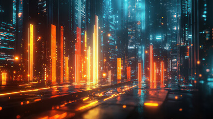 Obraz premium Futuristic digital cityscape with glowing neon lights, depicting advanced technology and innovation. Suitable for sci-fi and tech-oriented themes.