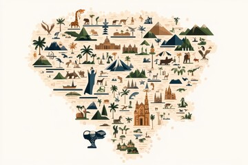 Fototapeta premium Hispanic Heritage Month Map: A map highlighting Hispanic countries with cultural symbols and landmarks, used as an educational tool