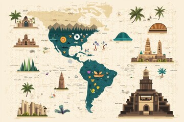 Hispanic Heritage Month Map: A map highlighting Hispanic countries with cultural symbols and landmarks, used as an educational tool