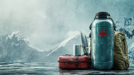 Survival gear including a first aid kit, thermos, and backpack in a snowy mountain landscape, essential for an outdoor adventure.