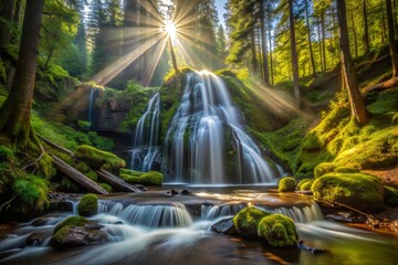 Fototapeta premium The tranquil atmosphere of Panther Falls in June, with the sun peeking through the trees, casting dappled shadows on the forest floor , a realistic photo image.