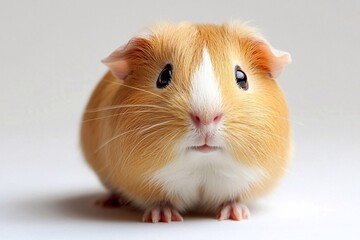 A cheerful guinea pig with a broad smile, captured against a plain white background. The guinea pig’s playful expression and endearing features are highlighted, showcasing its delightful personality a