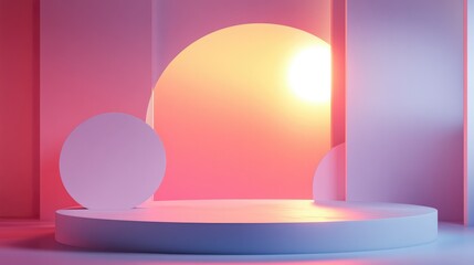 A 3D rendering of an abstract platform podium with layered geometric shapes and soft gradients, ideal for a modern product presentation backdrop in a minimalist style.