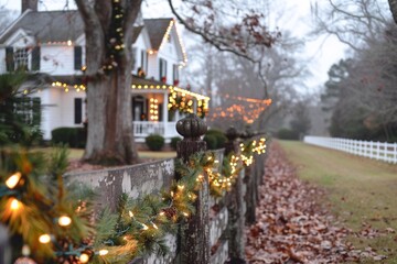 A Christmas tree and a lute wrapped in garlands. The yard and the fence are decorated with Christmas garlands along the fence and the houses are twinkling with lights