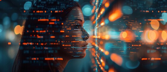 An elegant woman's profile fused with digital elements, showcasing a blend of human and AI through binary codes and cybernetic patterns in a dark blue background.