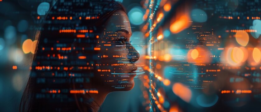 An elegant woman's profile fused with digital elements, showcasing a blend of human and AI through binary codes and cybernetic patterns in a dark blue background.