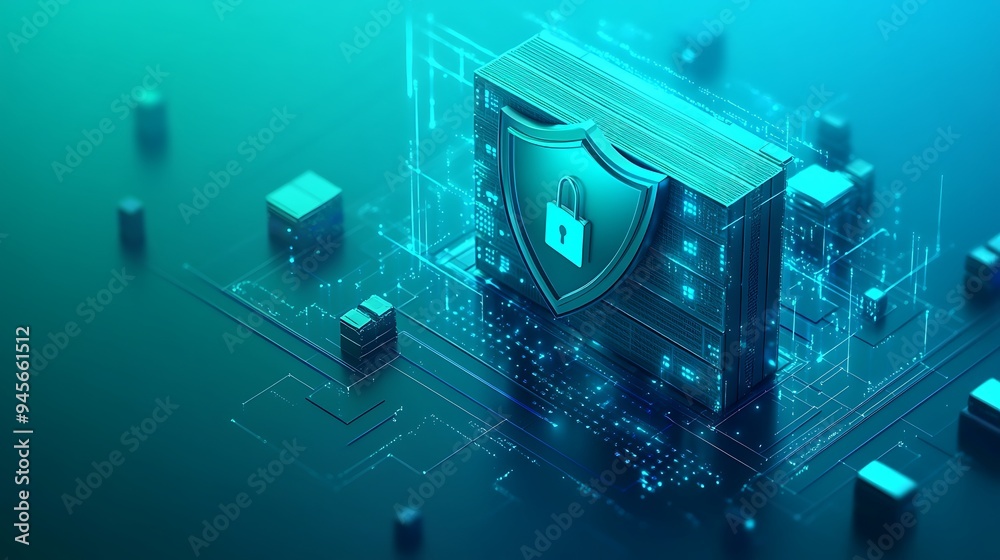 Poster digital security concept with a shield icon representing cyber protection and data encryption in a f