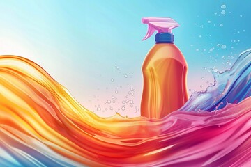 Advertising gel for washing powder. Liquid washing. Three bottles of detergent with a sprayer