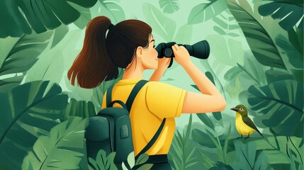 Connecting with Nature - Gen Z Woman Birdwatching in Forest, Digital Detox Experience with Binoculars
