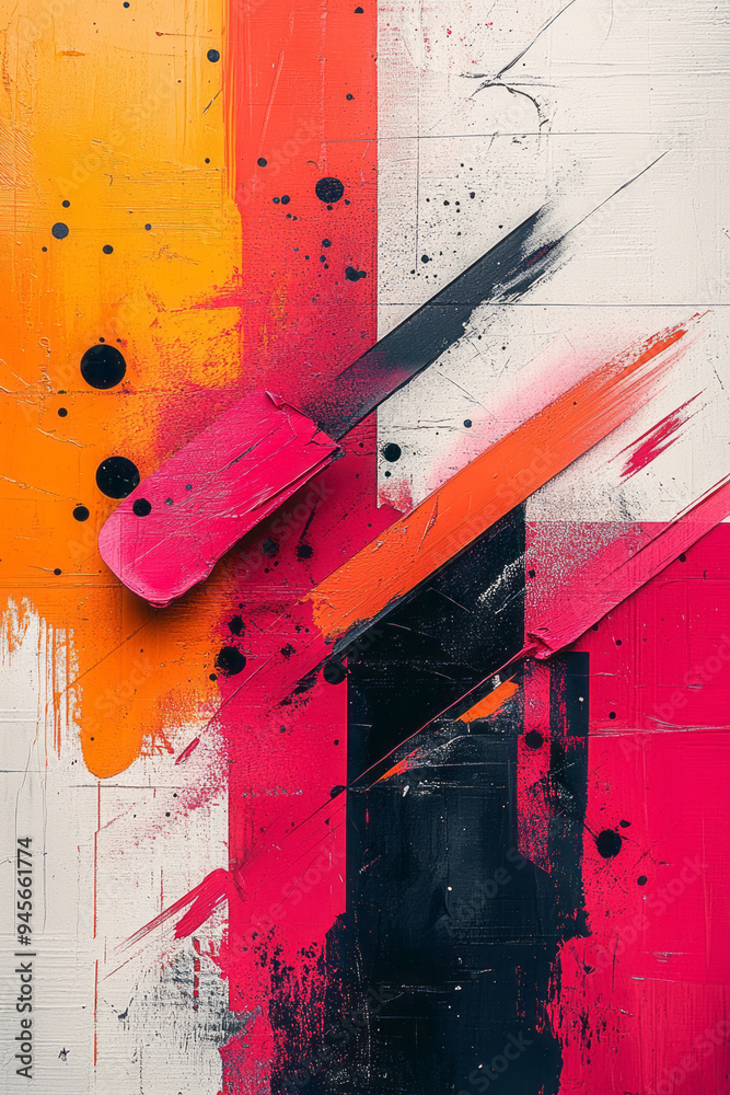 Poster abstract creative process with bright splashes of color and geometric tools,