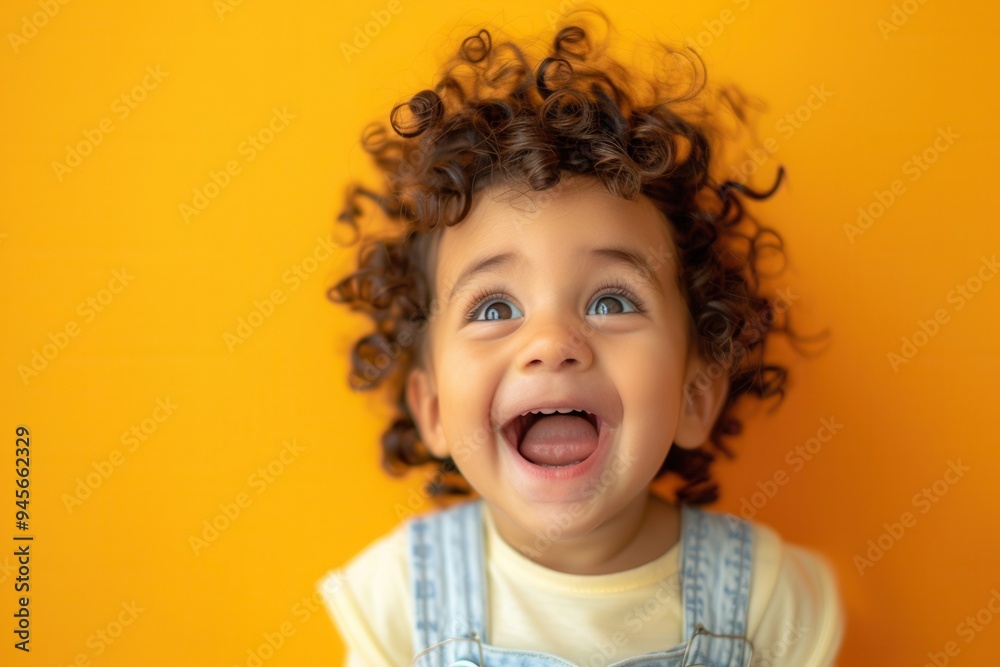 Poster a joyful young child with curly hair beams with delight, surrounded by a striking yellow backdrop in