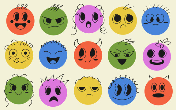 Naklejki Set of abstract stickers with funny outline character face. Circle with playful emoticons. Doodle mascot characters with a smile