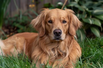 Obraz premium golden retriever in the garden. golden retriever on green grass