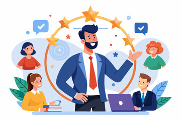 360 degree feedback, assessment or performance appraisal, customer review, testimonial or job networking, employee evaluation, rating or survey concept, businessman get feedback from colleagues.
