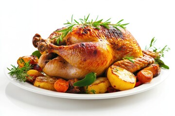 Roasted chicken with herbs and vegetables on a white plate against a white background