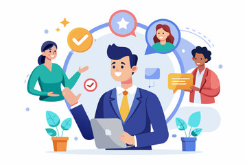 360 degree feedback, assessment or performance appraisal, customer review, testimonial or job networking, employee evaluation, rating or survey concept, businessman get feedback from colleagues.
