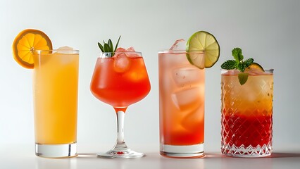 Set of cocktails soft and longdrinks in front of white background