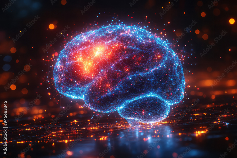 Poster A digital brain formed from a network of colorful geometric patterns,