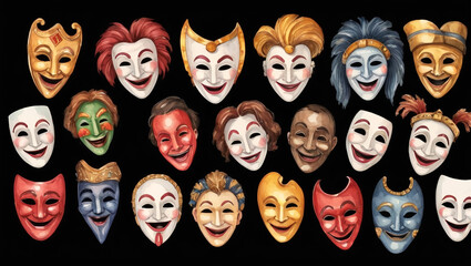 Collection of theate comedy masks, watercolor clipart illustration on black background