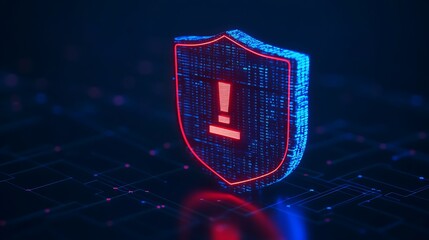 Digital security shield with neon exclamation mark in red and blue, representing online threats and cybersecurity measures.