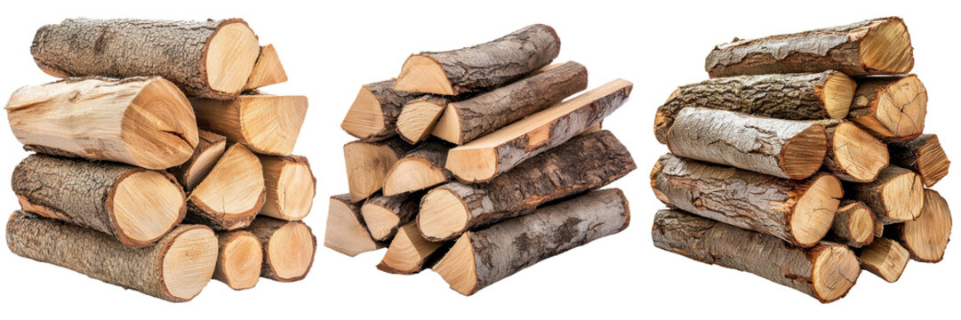 Stacked firewood logs neatly arranged in various sizes isolated on transparent background