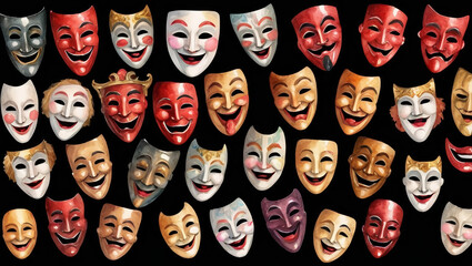 Collection of theate comedy masks, watercolor clipart illustration on black background