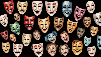 Collection of theate comedy masks, watercolor clipart illustration on black background