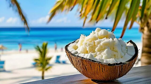 coconut ice cream  in  a coconut  on a beach