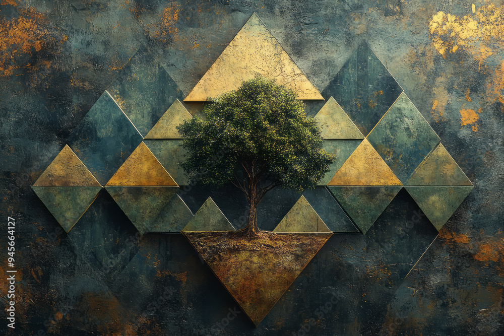 Poster A tree growing into a fractal pattern of green and gold triangles,