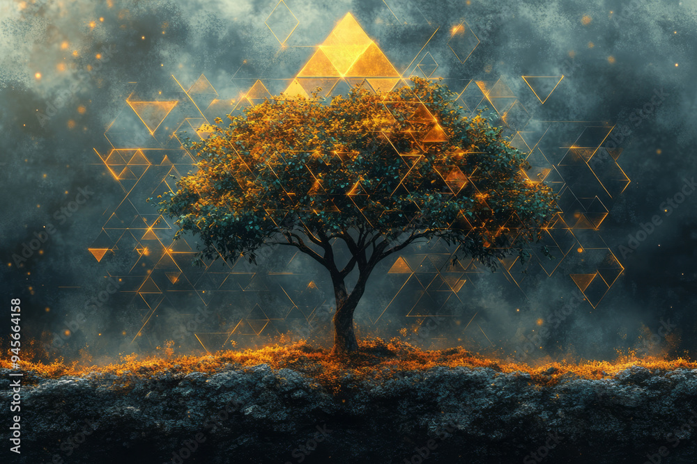 Poster a tree growing into a fractal pattern of green and gold triangles,
