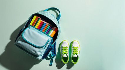 Backpack full of school supplies is lying on a green background near a student's sneakers, suggesting the start of a new academic year