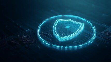 Digital shield hologram representing cybersecurity and data protection on a dark futuristic background with glowing blue effects.