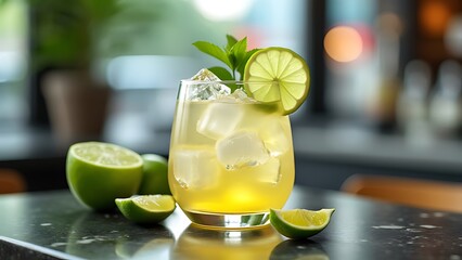 Cocktail with lime and ice in a glass