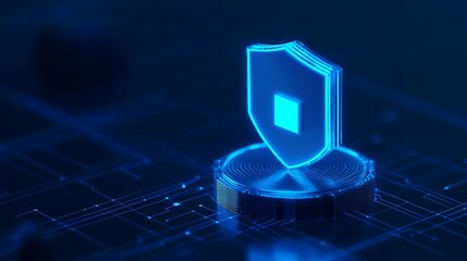 Digital shield representing cybersecurity on a blue tech background with glowing lights and virtual connections.
