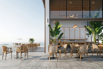 Fototapeta premium Seafood restaurant mockup outdoors architecture furniture.