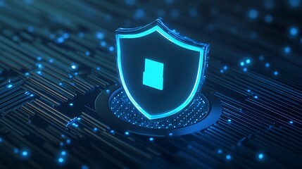 Digital shield representing data protection and cybersecurity, glowing in blue on a tech background with circuit elements.
