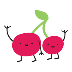 Cute cherries. Flat design. Hand drawn illustration on white background.