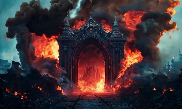 Sinful Curse: Hell Gate Engulfed in Smoke and Flame - A Generative AI Illustration