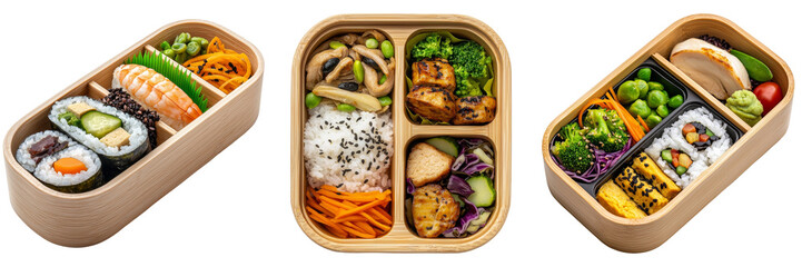 Healthy bento box lunch with various food options isolated on transparent background