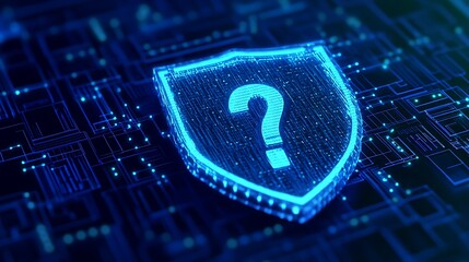 Digital shield with a question mark, representing cybersecurity uncertainty and protection in a connected, high-tech environment.