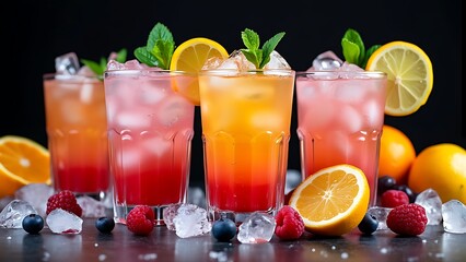 Chilled soft drinks with ice, citrus fruits and berries, black background, selective focus